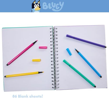 Bluey Sketchbook for Kids with Washable Markers, 86 Blank Pages Spiral Bound, Turquoise - color: Blueey