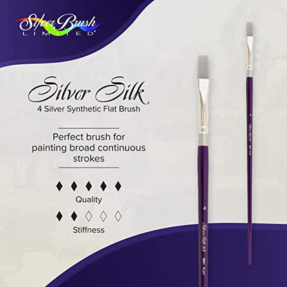 Silver Brush Limited 8801-4 Silver Silk 88 Flat Paintbrush for Acrylic, Watercolor, Gouache, Inks, & Dyes, Size 4, Long Handle - size: Size - 4