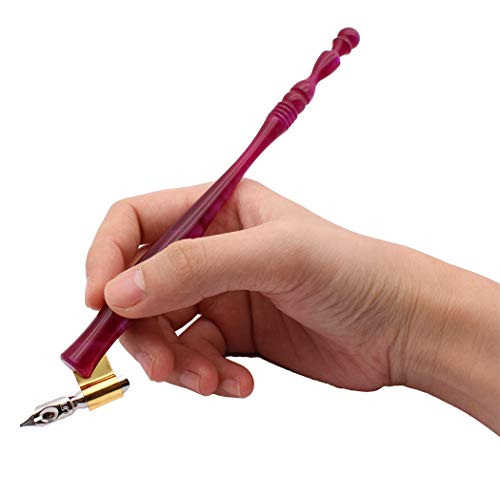 XIAOYU Calligraphy Oblique Nib Pen Holder, English Calligraphy Pen Nib Holder, Resin Dip Pen Handle Nib Holder with 5 Flat Nibs, Pruple and Red - color: Pruple & Red