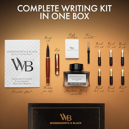 Wordsworth & Black Calligraphy Pen Gift Set, Includes Ink Bottle, 6 Cartridges, Refill Converter, 6 Replacement Nibs, Luxury Bamboo, Journaling, Smooth Writing Pens [Rosewood] - color: Rosewood