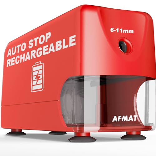 AFMAT Electric Pencil Sharpener, Cordless & Rechargeable, Heavy Duty Classroom Pencil Sharpeners for 6-11mm Pencils, Auto Stop, 2s Fast Sharpening, Battery Powered, 10,000 Sharpenings, Red, PSD3 - color: Red