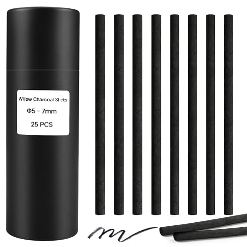 Willow Charcoal Sticks, Natural Willow Charcoal Pencils for Artists, Beginners, Students, Great for Sketching, Drawing, and Shading, Pack of 25 (5-7, Millimeters) - style: 5-7mm