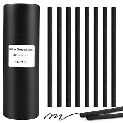 Willow Charcoal Sticks, Natural Willow Charcoal Pencils for Artists, Beginners, Students, Great for Sketching, Drawing, and Shading, Pack of 25 (5-7, Millimeters) - style: 5-7mm