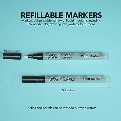 FW Mixed Media Paint Markers - Two Empty Markers with 1-2 mm Round Paint Marker Nibs - Empty Paint Pen 2-Pack with Extra Nibs for Liquid Media - Small Barrel Refillable Paint Pens for Bold Lines - style: 1-2MM Round, Marker