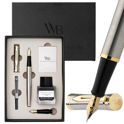 Wordsworth & Black Fountain Pen Set,18K Gilded Medium and Extra Fine Nib,25ML Black Ink Bottle,6 Ink Cartridges,Refill Converter,Gift Box,Smooth Writing Pens [Silver Gold],Gift Set for Men and Women - color: Silver Gold