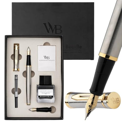 Wordsworth & Black Fountain Pen Set,18K Gilded Medium and Extra Fine Nib,25ML Black Ink Bottle,6 Ink Cartridges,Refill Converter,Gift Box,Smooth Writing Pens [Silver Gold],Gift Set for Men and Women - color: Silver Gold
