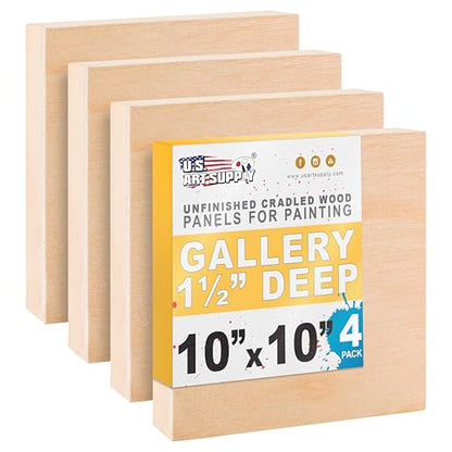 U.S. Art Supply 10" x 10" Unfinished Cradled Wood Panels for Painting, Gallery 1-1/2" Deep (4 Pack) - Artist Depth Birch Wooden Wall Canvases - Mixed-Media Craft, Acrylic, Oil, Paint Pouring - size: 10" x 10", style: Square