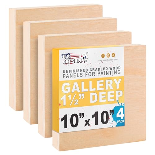 U.S. Art Supply 10" x 10" Unfinished Cradled Wood Panels for Painting, Gallery 1-1/2" Deep (4 Pack) - Artist Depth Birch Wooden Wall Canvases - Mixed-Media Craft, Acrylic, Oil, Paint Pouring - size: 10" x 10", style: Square