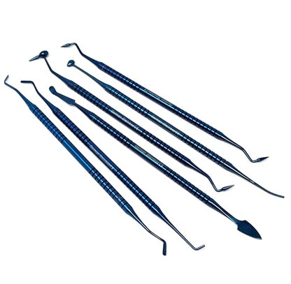 Composite Dental Set of 6 pcs Restorative Plastic Filling Restoration Preparation Carvers Contouring Plugger Ball Burnisher Tooth Cavity Various Decay Removal Double Ended Instruments (Blue) - color: Blue