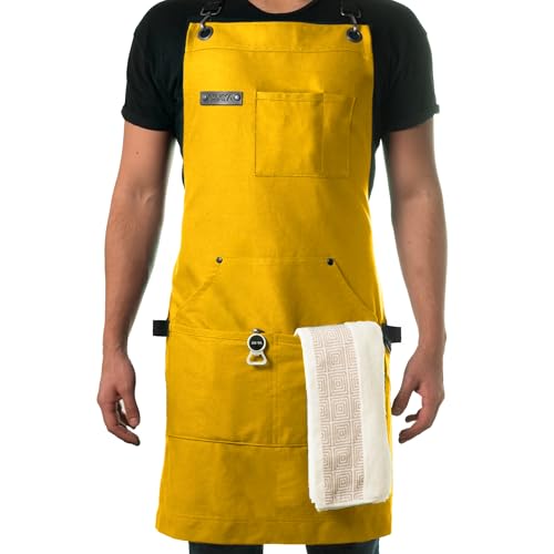 Asaya Chef and BBQ Apron with Bottle Opener and Hand Towel - 10oz Cotton Canvas, Stainless Steel Hardware - Cross Back Straps - color: Yellow