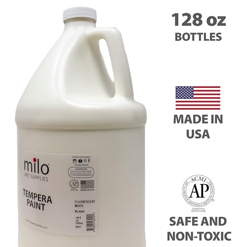milo Fluorescent White Neon Tempera Paint | 128 oz Bottle, 1 Gallon | Glows UV in Black Light | Non-Toxic Made in USA | Washable Bulk Art Paint for Party, Student, Classroom, Artist - color: Fluorescent White
