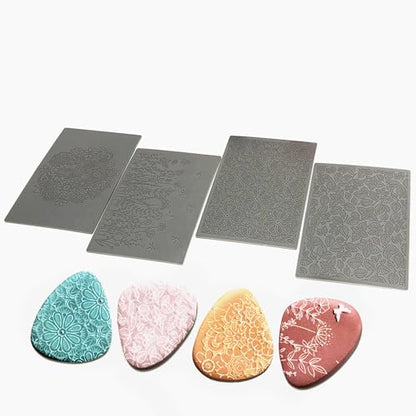 Flowers Leaves Pattern Polymer Clay Texture Sheets for Earring Jewerly Making,Boho Style Wildflowers Texture Mat for Polymer Clay Projects Polymer Clay Earrings Tools，4pcs/Pack