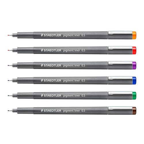 STAEDTLER Pigment Liner: 6 Assorted Colors, 0.5 mm Fineliner Pens for Writing, Drawing, and Sketching
