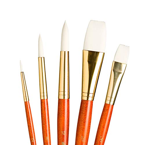 Princeton RealValue Brush Set, Synthetic White Taklon, Orange Handle, 5 Piece, 1 Count - color: Orange, size: Round 2,8,12, Stroke 3/4, Wash 1/2