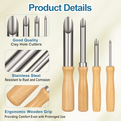 Amrules Clay Tools Kit, 4 PCS Circular Clay Hole Cutters Tools, Wooden Handle and Stainless Steel Sculpting Tools Kit Suitable for Drilling, Carving, Pottery Craft and DIY Projects - color: Lightyellow-Hole-4Pcs