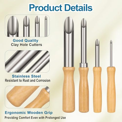 Amrules Clay Tools Kit, 4 PCS Circular Clay Hole Cutters Tools, Wooden Handle and Stainless Steel Sculpting Tools Kit Suitable for Drilling, Carving, Pottery Craft and DIY Projects - color: Lightyellow-Hole-4Pcs