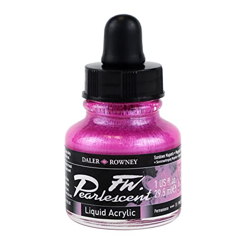 Daler-Rowney FW Pearlescent Acrylic Ink Bottle Sundown Magenta - Acrylic Drawing Ink for Artists and Students - Permanent Calligraphy Ink - Archival Ink for Illustrating and More