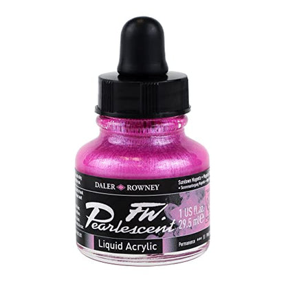 Daler-Rowney FW Pearlescent Acrylic Ink Bottle Sundown Magenta - Acrylic Drawing Ink for Artists and Students - Permanent Calligraphy Ink - Archival Ink for Illustrating and More