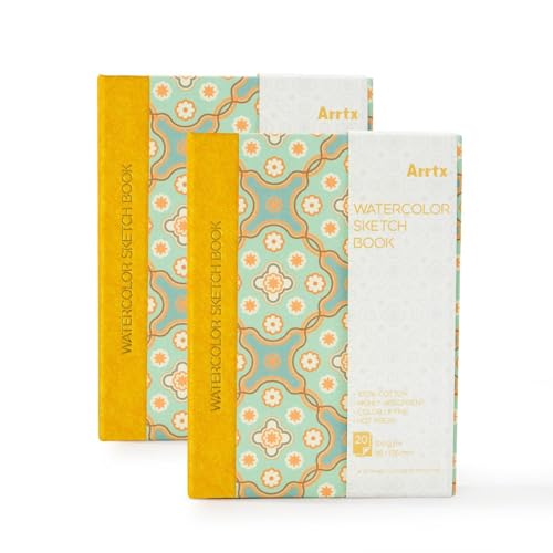 Arrtx Watercolor Sketchbook,100% Cotton Acid-Free 140lb/300gsm Hot Press Hardcover Watercolor Journal Notebook 2 Pack,40 Sheets 5.35 x 3.86 inches