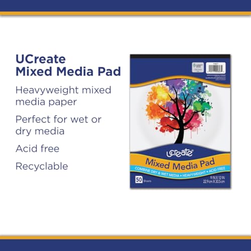 UCREATE Heavyweight Mixed Media Paper Pad, 9" x 12", White, Acid-Free, 50 Sheets/Pad, Pack of 12 Pads, 600 Sheets Total