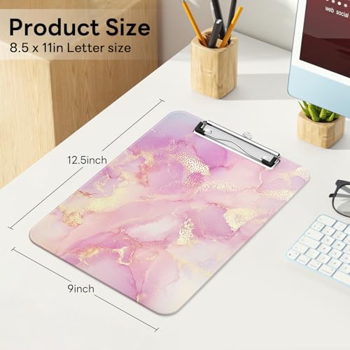 Plastic Cute Clipboard Low-Profile Metal Clip, A4 Letter Size 9 x 12.5 in, 8.5 x 11 Paper Clip Board for Teachers, Nurses, Classroom,Pink Gold Marble - color: Pink Gold Marble