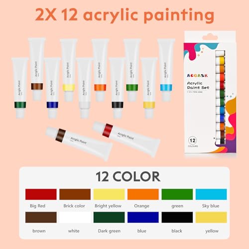 54 Pieces Acrylic Paint Set for Kids,Arts and Crafts Gifts ,Arts Supplies and Painting Kits for Kids with 8 Canvas Panels,2X 12 Paints,2 Art Smocks,2 Easels,Etc,Christmas Gifts - style: 54 PCS Painting Kits