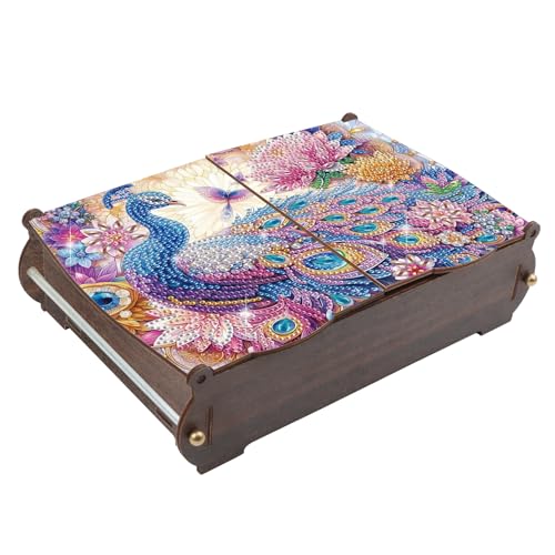 JZHYOAN Diamond Painting Wooden Storage Box Diamond Painting Handmade Art Desktop Decoration Kits, DIY Special Shaped Diamond Art Decorative Organizer with Peacock Pattern for Adult - color: Blue peacock