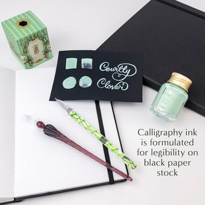 Ferris Wheel Press Courtley Clover 28ml Calligraphy Ink for Calligraphy & Dip Pens - National Art Supply 5x7 Microfiber Cloth - Opaque Light Green - Waterproof Dip Pen Ink for Artists