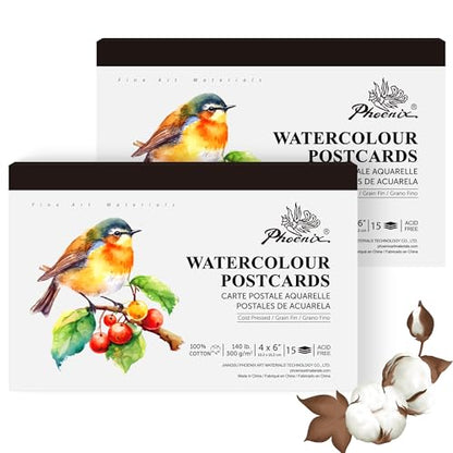 PHOENIX Watercolor Paper Postcards - 100% Cotton Cold Press, 4x6 Inches, 45 Sheets/2 Pack, 140lb/300gsm Acid-Free Art Paper for Painting, Mailing, DIY Holiday Cards - size: 4"x6" / 2 Pack