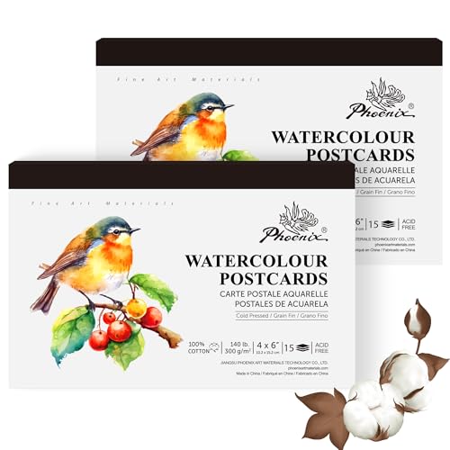 PHOENIX Watercolor Paper Postcards - 100% Cotton Cold Press, 4x6 Inches, 45 Sheets/2 Pack, 140lb/300gsm Acid-Free Art Paper for Painting, Mailing, DIY Holiday Cards - size: 4"x6" / 2 Pack