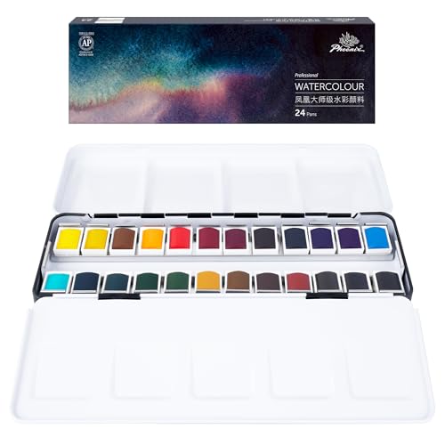 PHOENIX Professional Watercolor Paint Set - 24 Colors Half Pan Water Color Paint Palette with Tin Box, Portable Travel Watercolors for Adults, Artists - color: 24 Colors, size: half pan