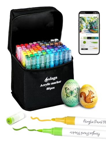 80 Colors Acrylic Paint Markers with App Dual Brush and Fine Tip Paint Pens | Multi-surface | Odorless | Free APP | Water-based | for Eggs Wood Rock Canvas Fabric Plastic Stone Glass Ceramic DIY Crafts - color: 80 Colors