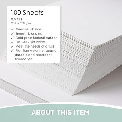 VEOOK Watercolor Paper Bulk, 8.5"x11" Water Color Paper, 100 Sheets 95lb/200gsm Artist Painting Drawing Paper for Adults, Paint, Sketchbook, Journal, Art Supplies(WC-04)