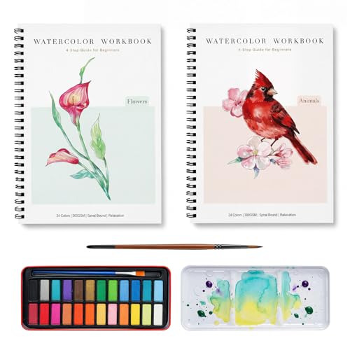 Rurolo Watercolor Workbook for Adults & Beginners - Spiral Bound Kit with 24 Paint Colors, Brushes & 300GSM Paper - Step-by-Step Flower & Animal Painting Guide for Stress Relief & Relaxation (6.5x9) - color: Flower&Animal