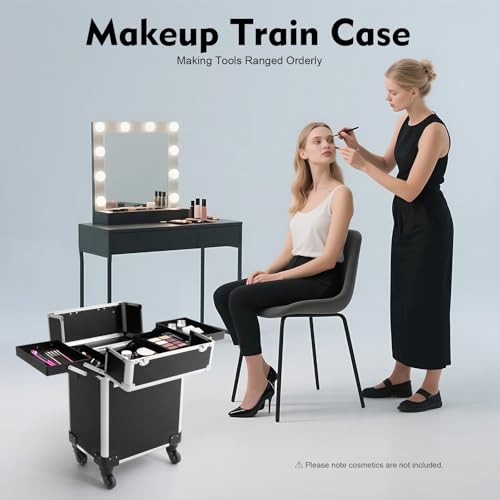 13.23lbs Lockable Makeup Train Case,Rolling Hairdressing Trolley,Beauty Salon Cosmetic Luggage with Universal Wheels for Hair Stylist,Make-up Artists (Black 7) - color: Black 7