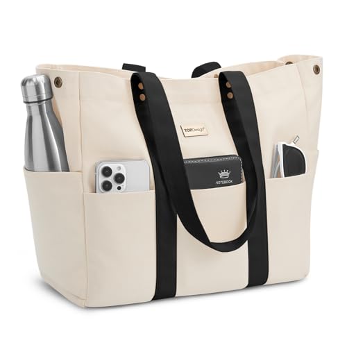 TOPDesign Large Canvas Tote Bag for Women, Shoulder Bag with Laptop Sleeve & Pockets, Everything Tote for Travel, Work (Black/Beige) - color: Black/Beige
