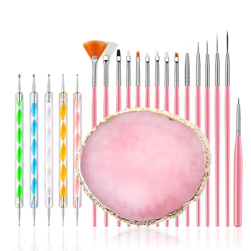 FULINJOY 21Pcs Nail Art Brushes Set, 1 Resin Nail Art Palette, 5 Nail Art Dotting Pens, 15 Nail Art Brushes, Nail Polish Mixing Palette Double-Ended Dotting Pen Nail Liner Brush Nail Drawing Brushes