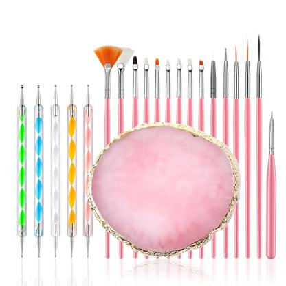 FULINJOY 21Pcs Nail Art Brushes Set, 1 Resin Nail Art Palette, 5 Nail Art Dotting Pens, 15 Nail Art Brushes, Nail Polish Mixing Palette Double-Ended Dotting Pen Nail Liner Brush Nail Drawing Brushes