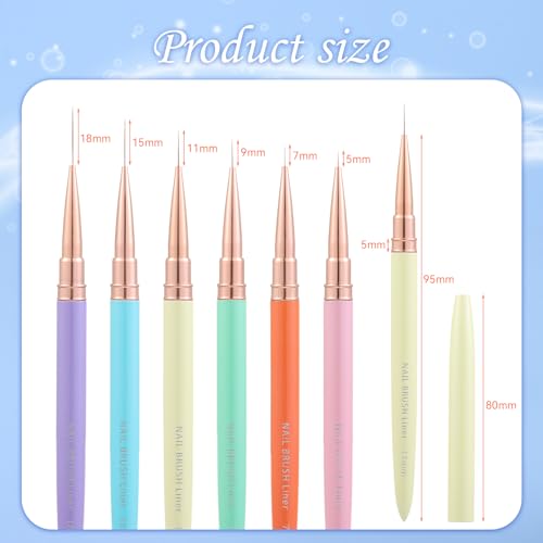 6Pcs Colorful Nail Art Liner Brushes Set, Detail Painting Design Fine Lines Drawing With Cap Metal Handle Home DIY Salon Manicure Tool Women Gifts, 5/7/9/11/15/18mm - color: Multicolor