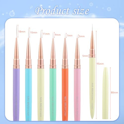 6Pcs Colorful Nail Art Liner Brushes Set, Detail Painting Design Fine Lines Drawing With Cap Metal Handle Home DIY Salon Manicure Tool Women Gifts, 5/7/9/11/15/18mm - color: Multicolor