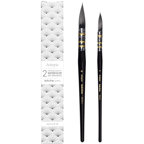ARTEGRIA Watercolor Brush Set, Sizes 2 and 6, Professional Round Quill Mop Brushes with Fine Tips, Soft Synthetic Squirrel Bristles, Short Handles