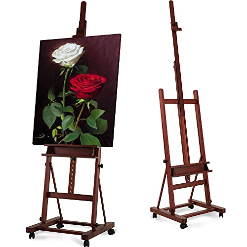 VISWIN Extended Large H-Frame Easel for Painting, Adjustable Beech Wood Artist Easel Stand with 4 Wheels & Storage Tray, Foldable Art Easel Floor for Adults, Hold Canvas up to 93" - W - color: Walnut