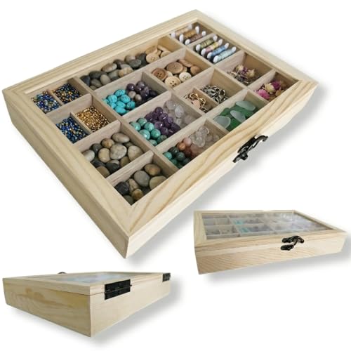 2 Pack Unfinished Wooden Jewelry Organizer Box with Glass Lid – 14 Compartment Bead & Craft Storage Case – DIY Paintable Wood Display Box for Jewelry, Gems, Supplies