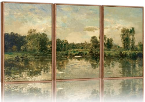 Tinonedraw Vintage Nature Framed Canvas Wall Art Set of 3, French Country Wall Decor, Olive Green Trees Art Paintings, Rustic Landscape Farmhouse Art Prints for Living Room Bedroom Office 24"x36"x3 - color: French Country, size: 36L" x 24W"