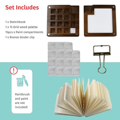 Personalized 15 Watercolor Mini Palette Travel Set - Pocket Wooden Palette w/ 15 Grids, Custom Engraving Option, Portable Painting Kit for Artists, Students Travel-Friendly Painting Set