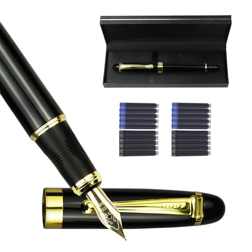 YUNCHUN Marble Fountain Pen for Writing, Refillable Luxury Metal Pens with Ink Pen with 10 Black and 10 Blue Ink Refills, Business Writing Fountain Pen for Men and Women, Marble Black - color: Marble Black