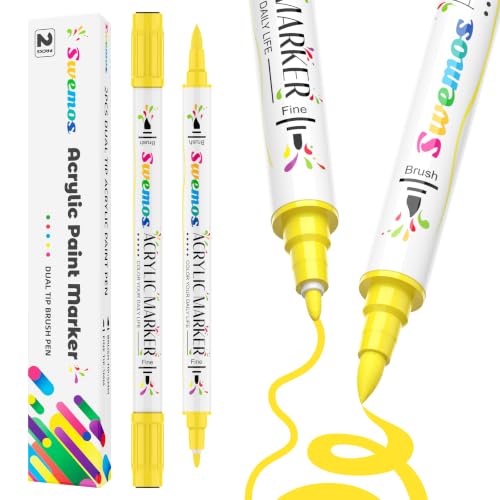 2 Yellow Paint Marker Acrylic Pens for Fabric Rocks Canvas Ceramic Glass | Suitable for Almost All Surface - color: Yellow, size: 2