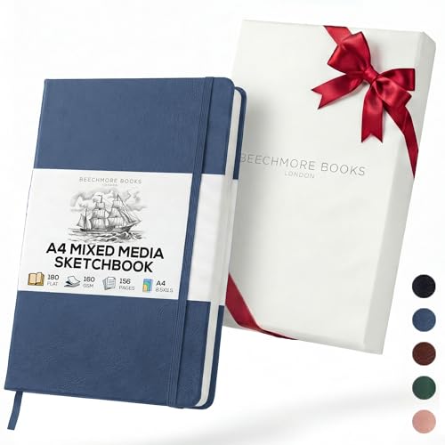 Beechmore Books A4 Mixed Media Sketchbook - 8.5"x11" Hardcover Lay-Flat Art Journal, 160 GSM / 98 lb Professional Ivory Paper, 156 Perforated Pages, Gift Box, Ink, Drawing and Light Watercolor - color: Symphony Blue, size: A4 - 8.5" x 11.5" Large