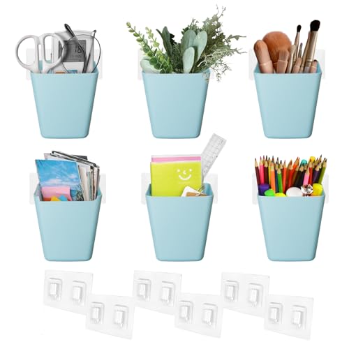 Wall Caddy Pen Holders, 6 Pack Large Pencil Cups Organizer for Marker / Remote / Crayon / White Board Accessories, with Adhesive Stickers, Office Home Craft Class Kids Room Art Organization (Blue) - color: Blue