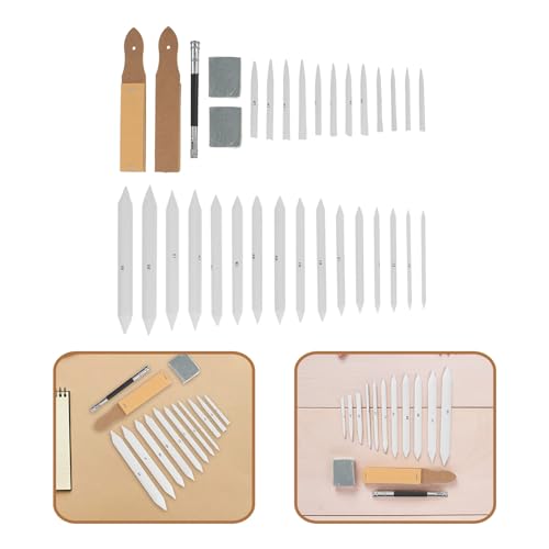 SOLUSTRE 33pcs Artist Blending Stumps and Tortillions Set with Sandpaper Block, Pencil Sharpener, Extension Tool, and Kneaded Eraser for Student Charcoal and Graphite Sketch Drawing